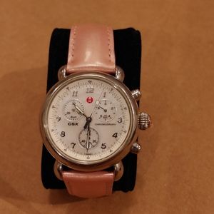 MICHELE White MOP Dial 36MM Chrono Watch with Leather Pearl Pink strap